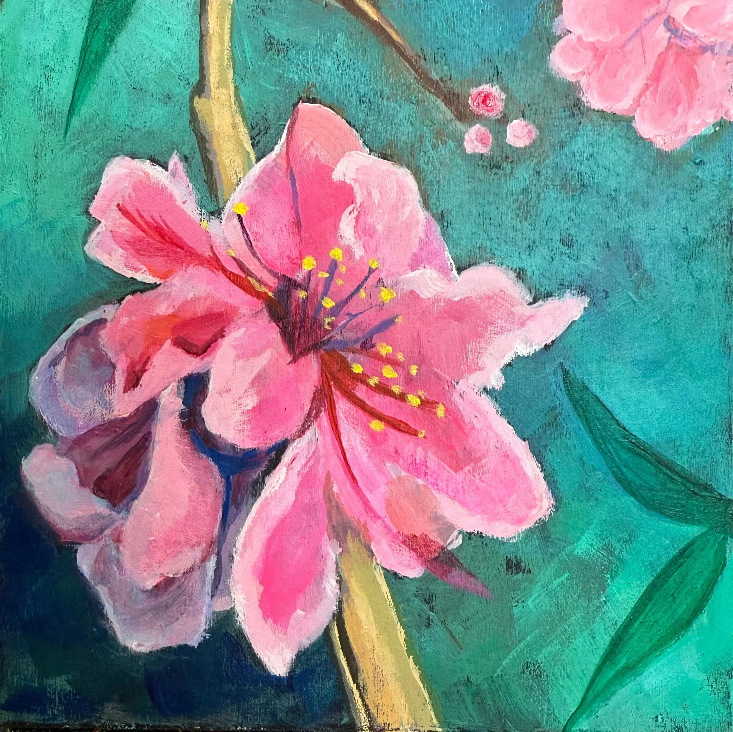 A painting of pink flowers, likely lilies, with yellow stamens, against a teal background with green leaves.