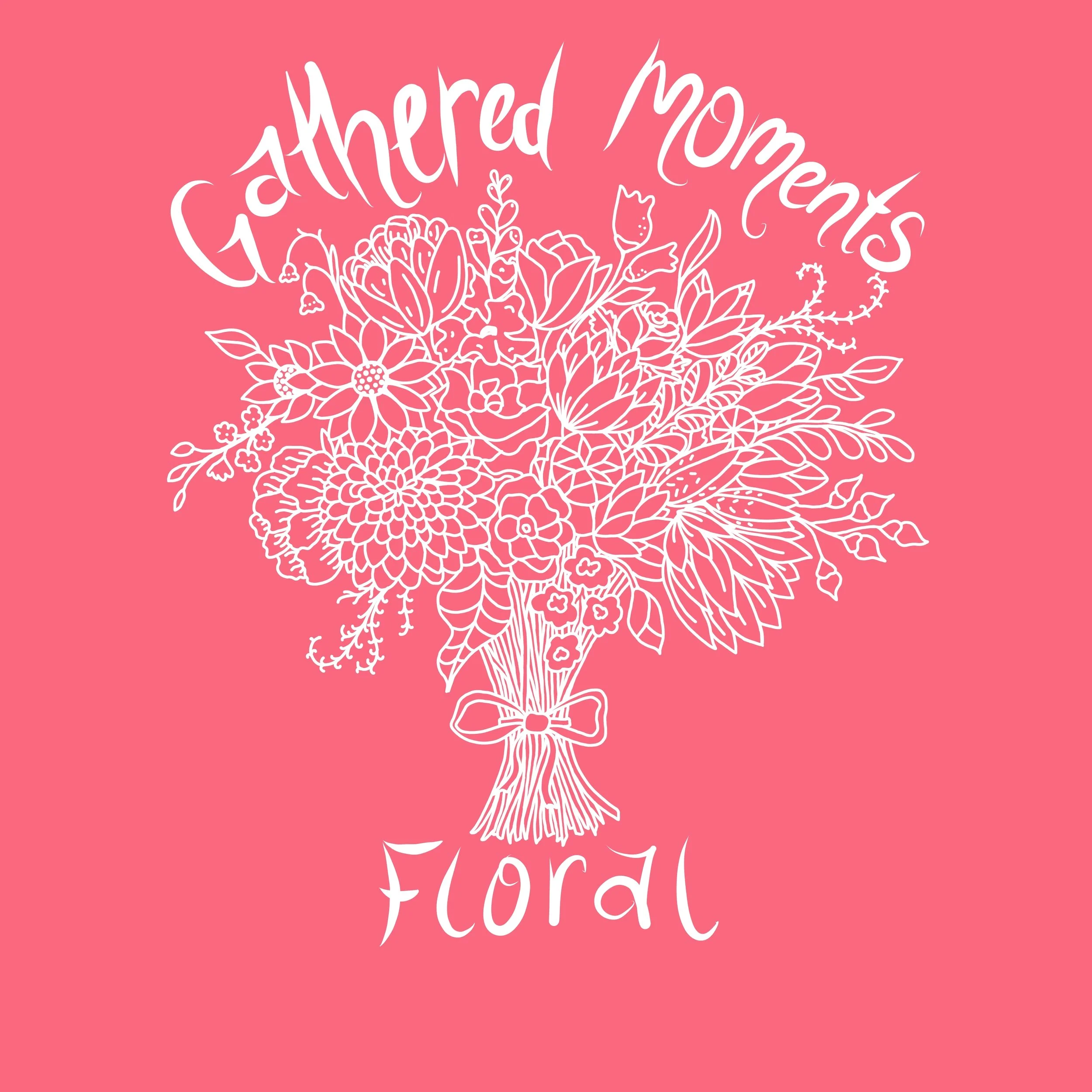 Pink background with a white floral bouquet illustration and the text 'happy from' at the top and 'Mom' at the bottom, written in whimsical cursive style.