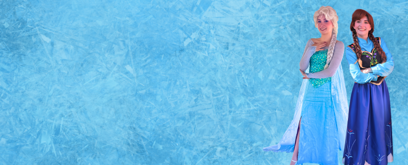Two girls dressed as Elsa and Anna from Frozen, standing against a blue icy background.