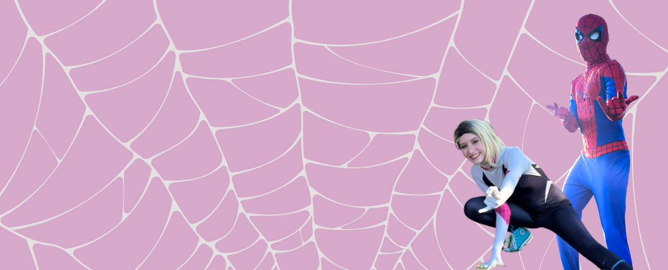 Background with pink spider web pattern and two people dressed as Spider-Man and a woman in a Spider-Gwen costume, smiling and striking poses.