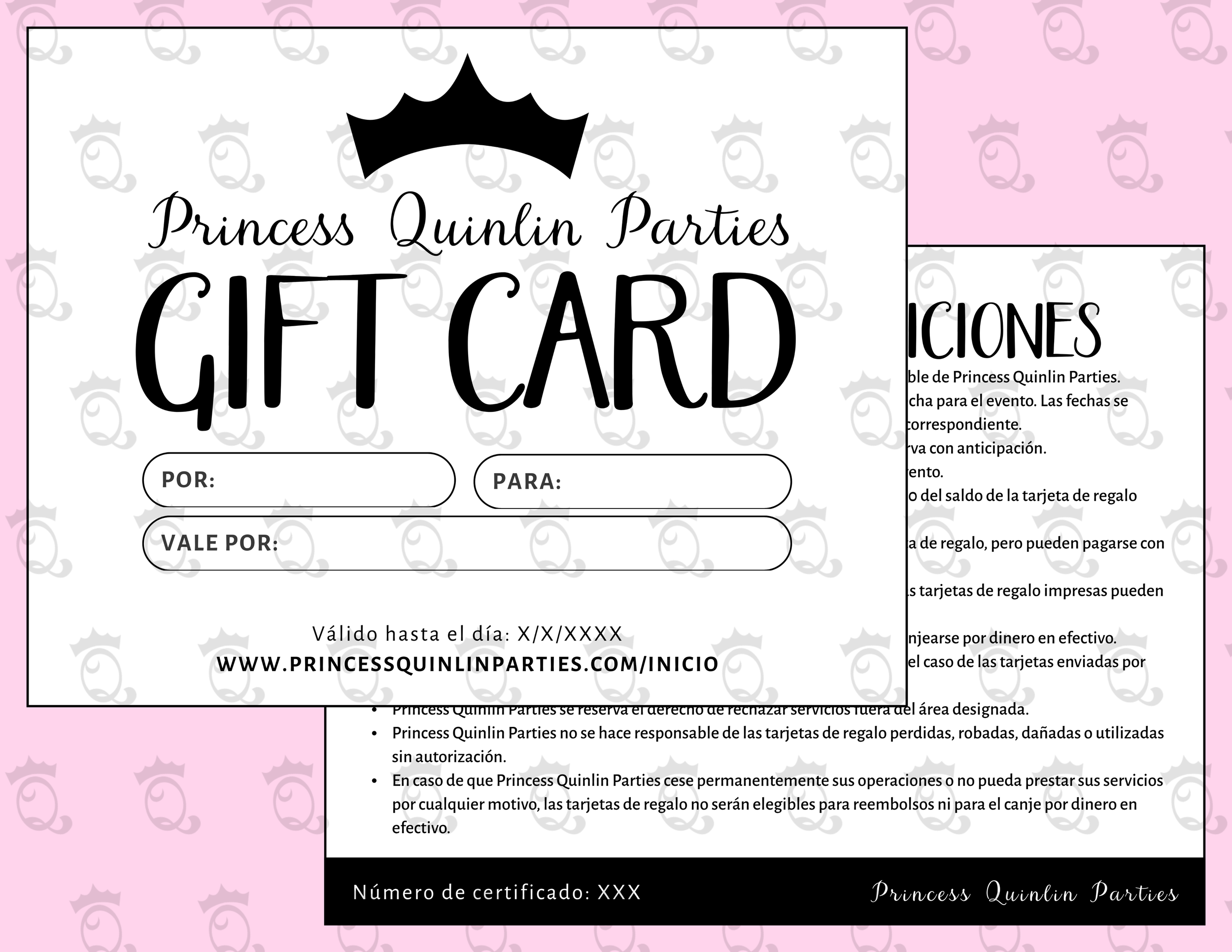 A princess-themed gift card with a black crown icon at the top, pink background with crown patterns, and text sections in Spanish for event details, including recipients, date, and website.