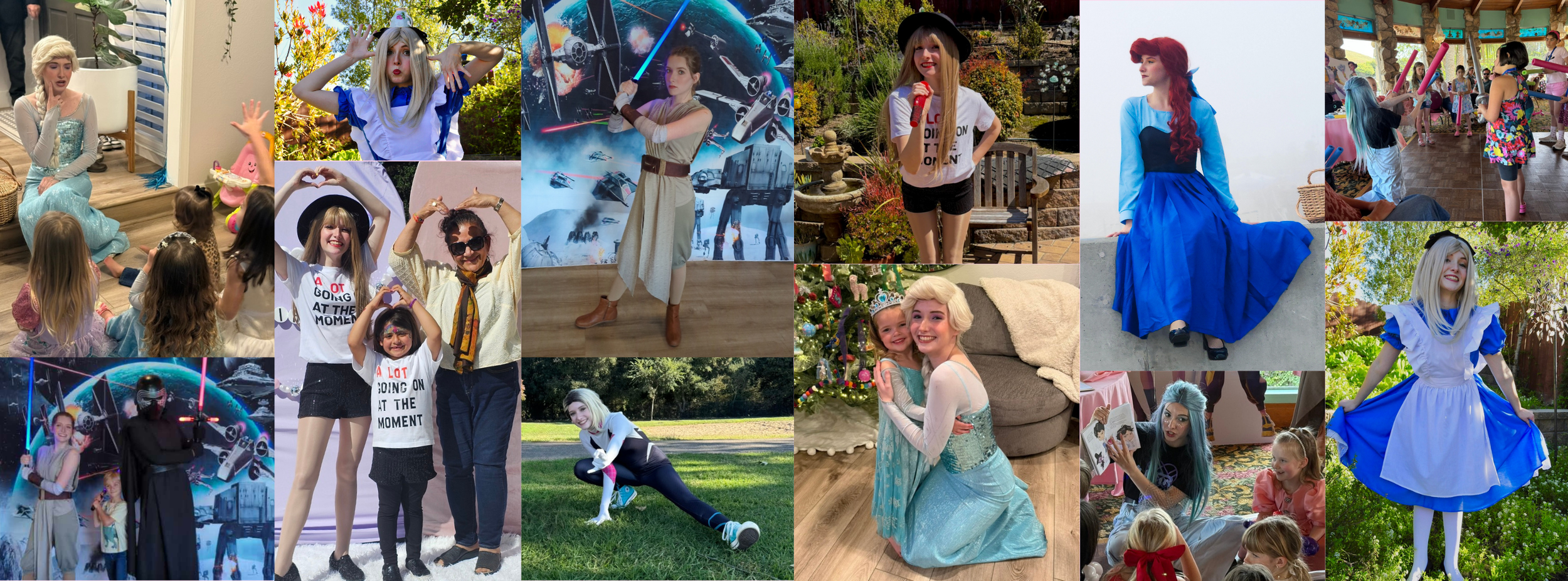 A collage of children and young women at a costume or themed event, including princess dresses, Star Wars costumes, and casual outfits, with activities such as outdoor play, crafts, storytelling, and group photos.