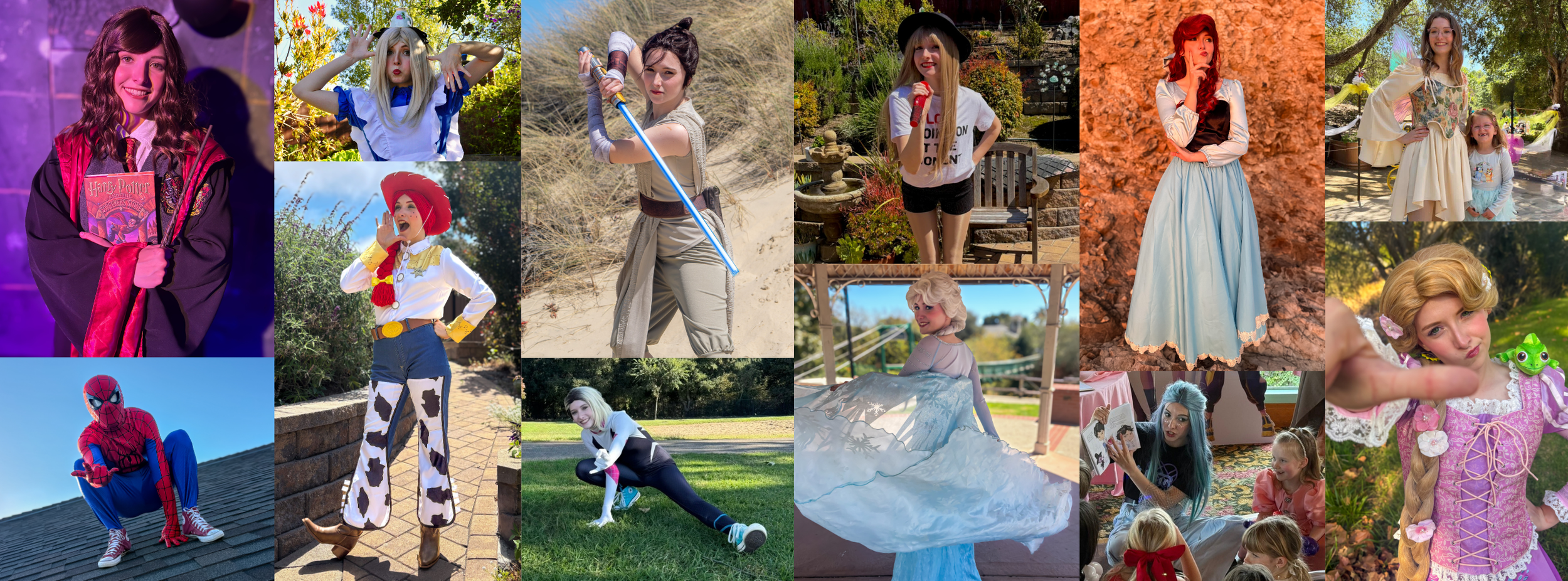 A collage of children and adults dressed in various costumes at a themed event or party, including characters from movies and comic books, standing outdoors and interacting.