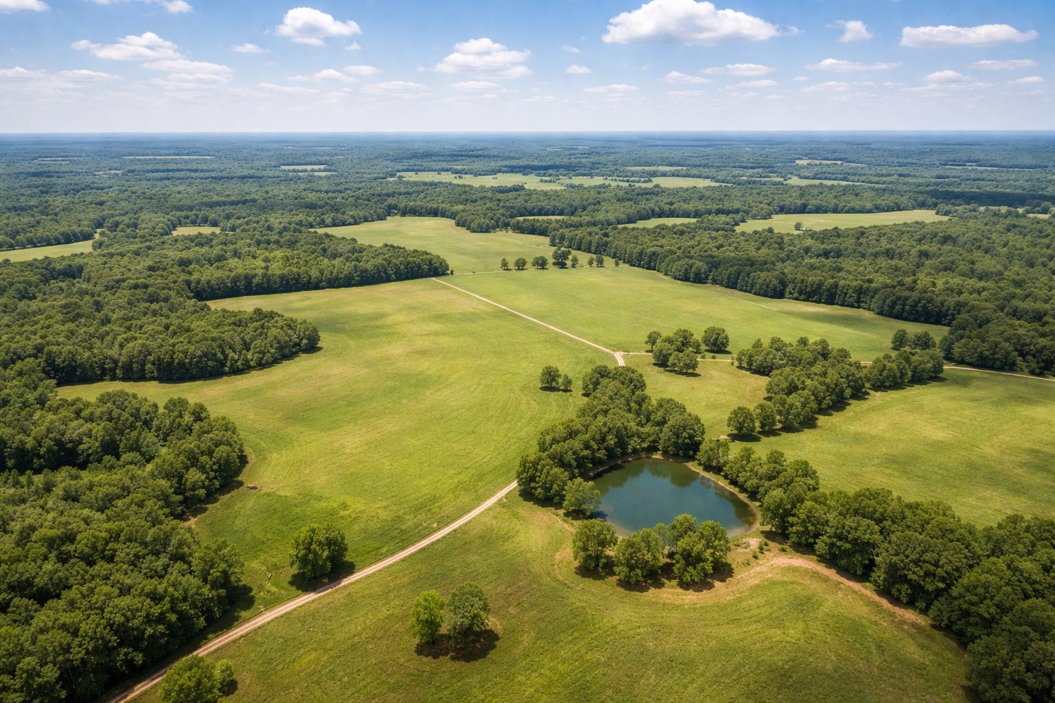 Vast green fields and serene pond.