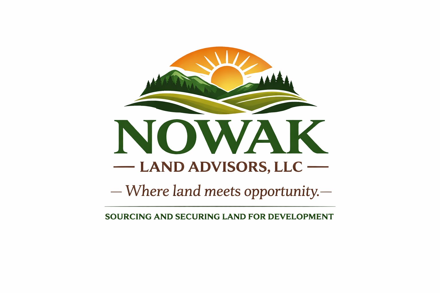 Logo for Nowak Land Advisors LLC featuring a landscape with mountains, trees, and a sunrise, with the company name and tagline 'Where land meets opportunity'