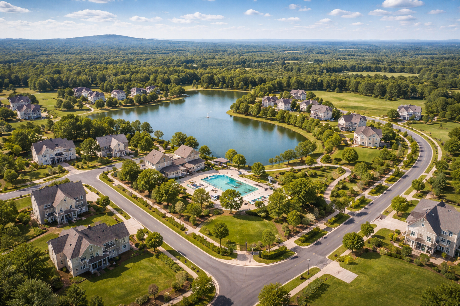 Suburban community by serene lake.