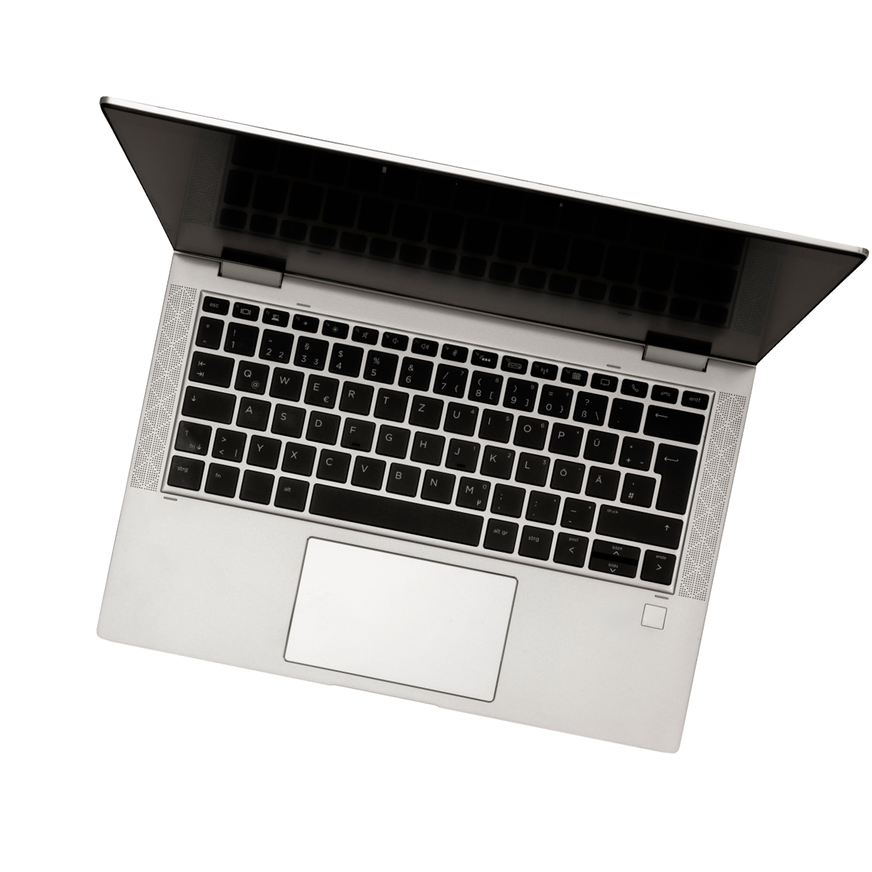 Top view of a silver laptop with black keyboard and trackpad, open and facing slightly downward.