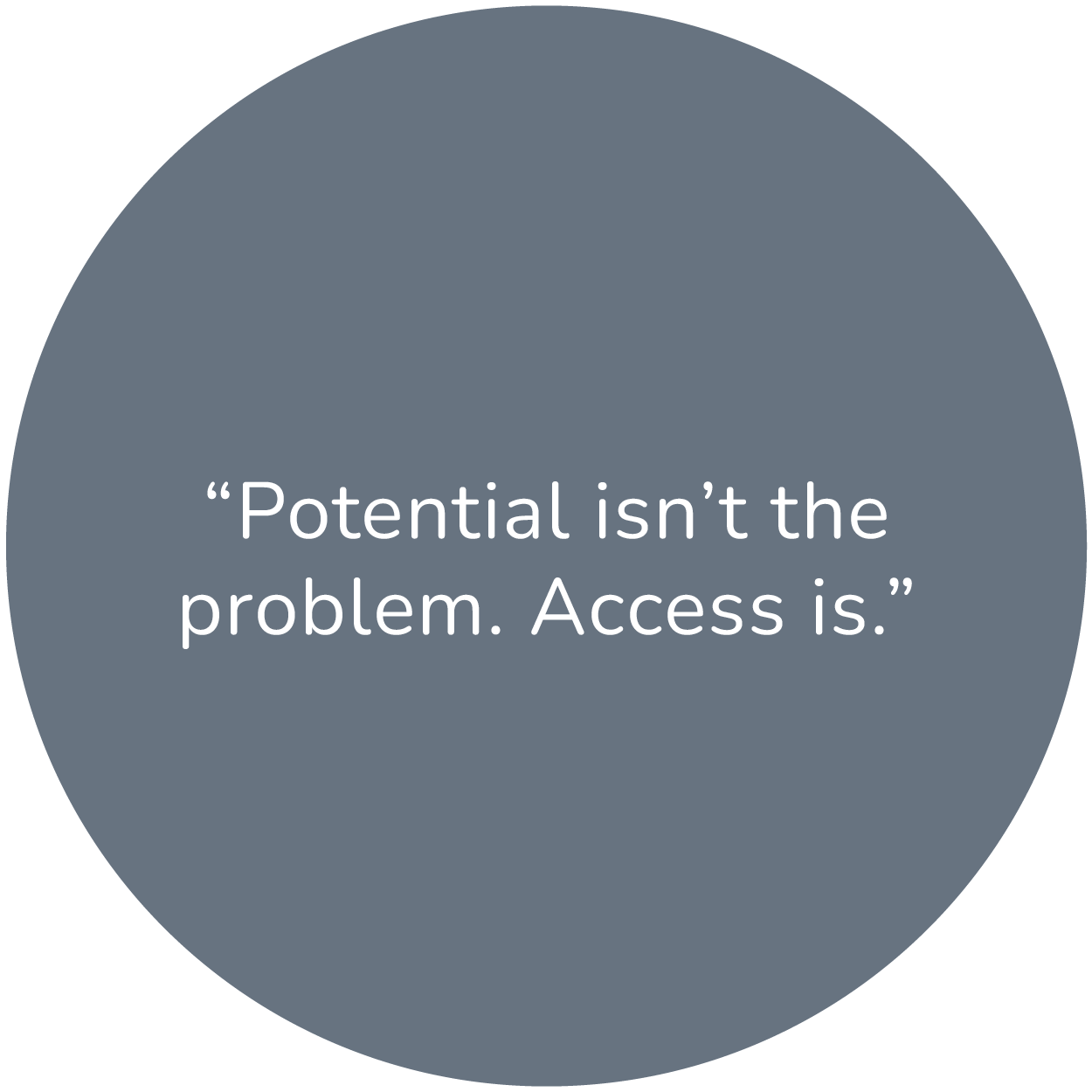 A dark gray circle with a quote that says, Potential isn’t the problem. Access is.