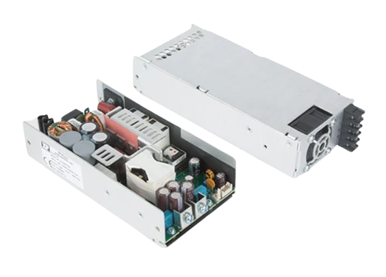 Open computer power supply unit showing internal components and cooling fan.