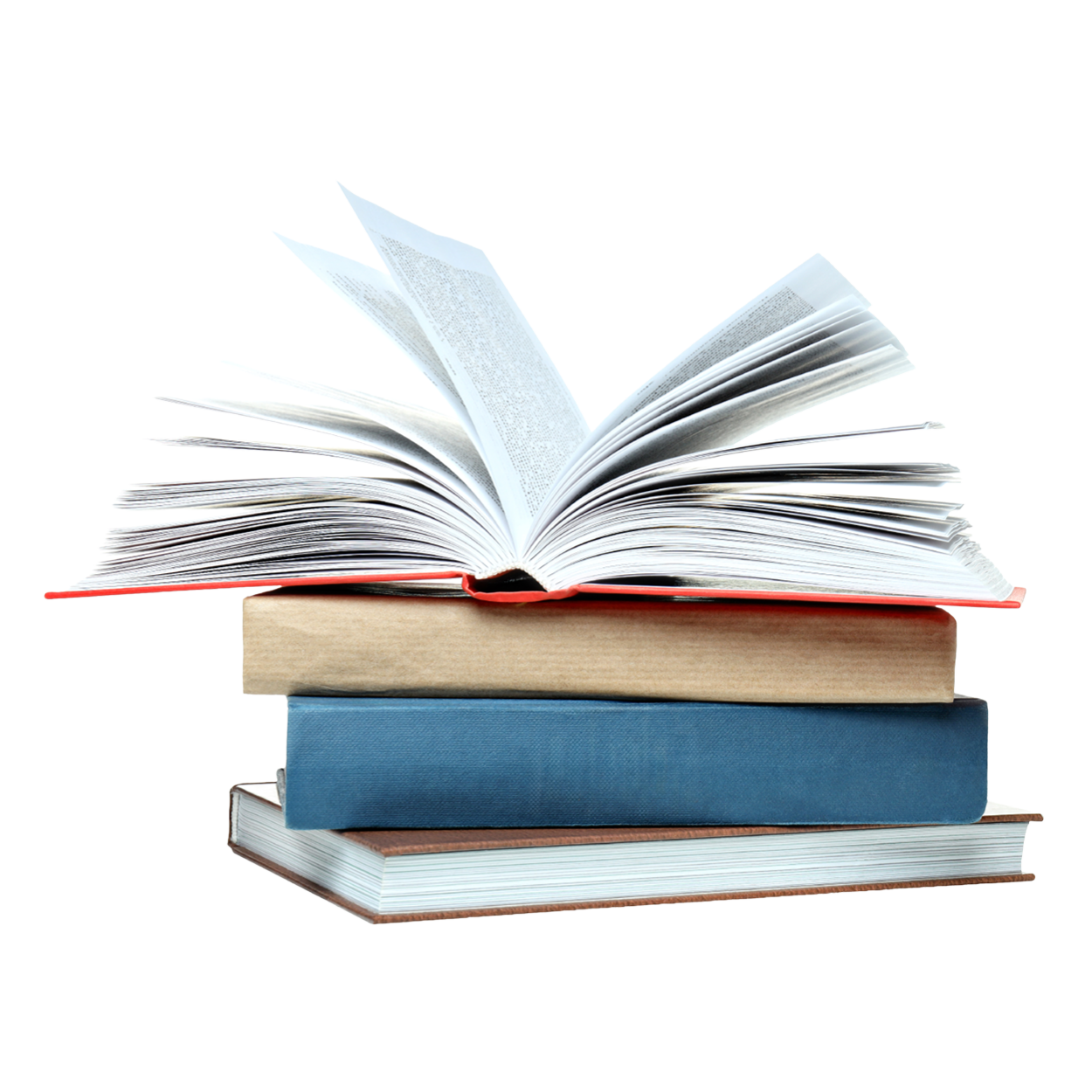 An open book with pages fanned out, resting on a stack of three closed books.