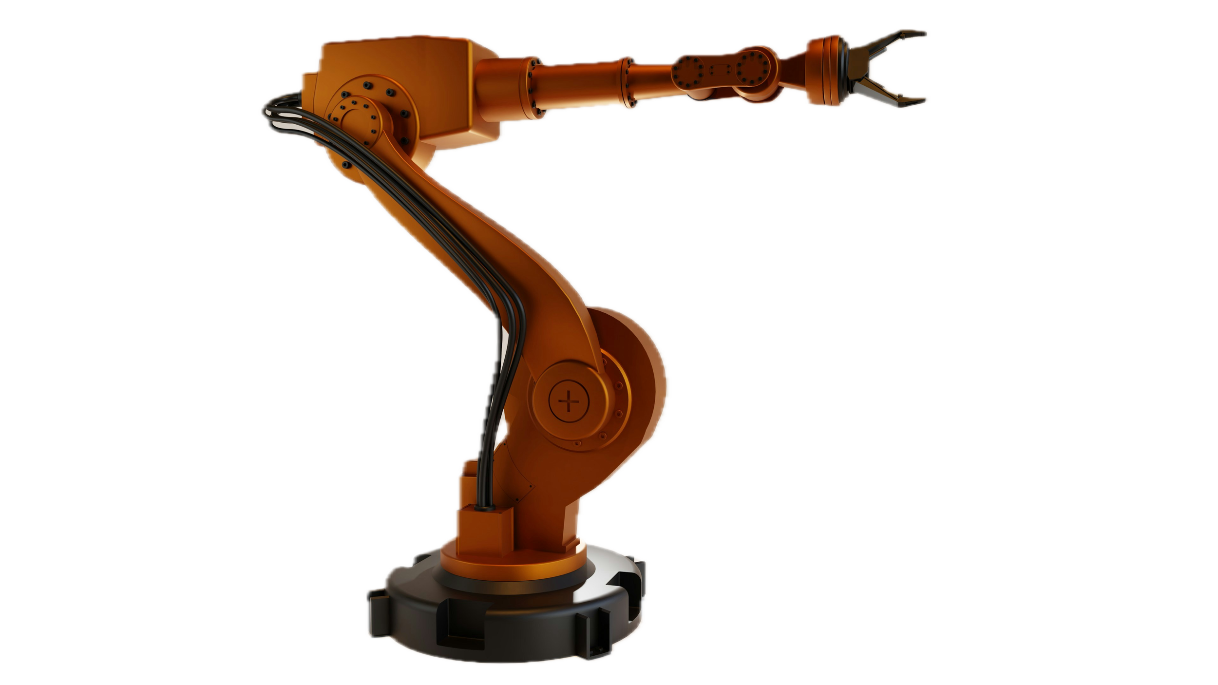 Orange robotic arm with multiple joints and cables, mounted on a black base.