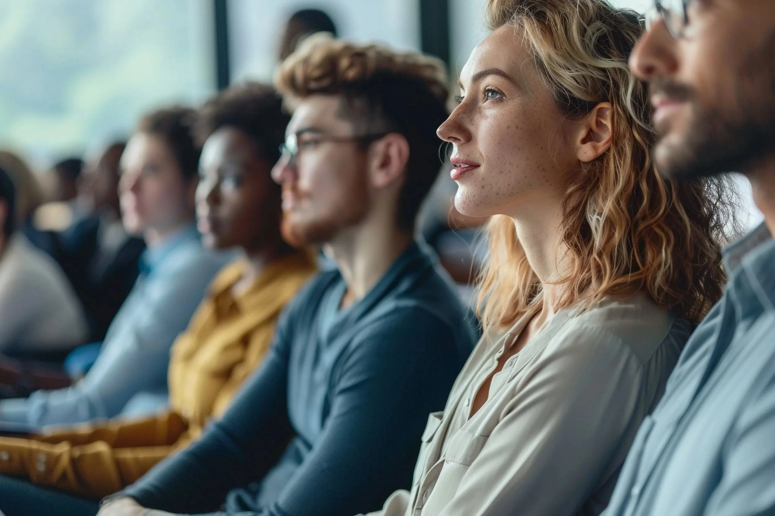 A diverse group of people sitting in a row, attentively listening, in a bright indoor setting.