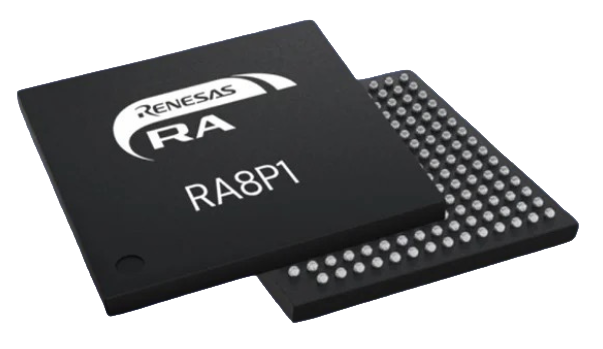 Black semiconductor chip labeled 'Renesas RA' and 'RA8P1' with a grid of pins on the side.