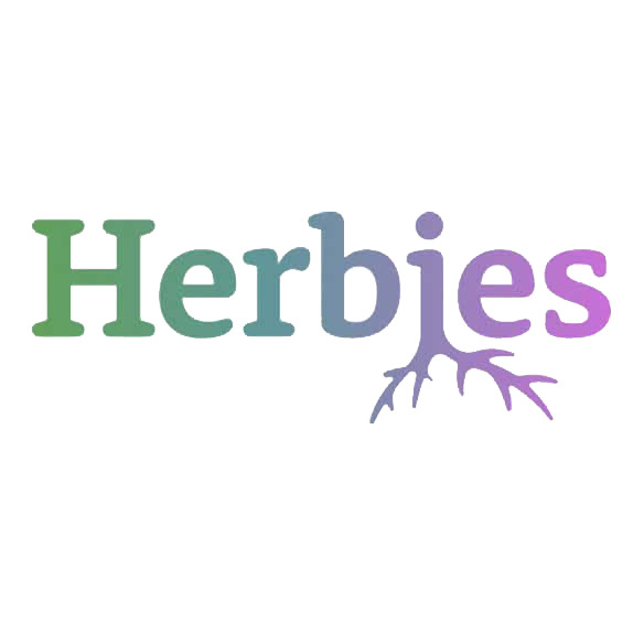 Colorful 3D text spelling 'Herbies' with a purple herb leaf design underneath.
