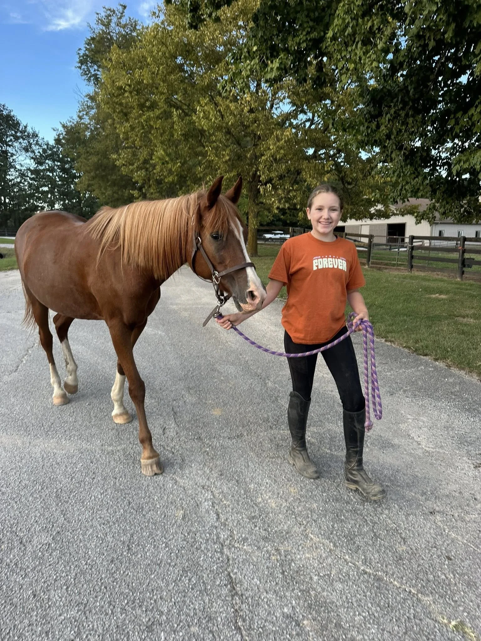 A young girl in an orange T-shirt, black pants, and riding boots holding the lead rope of a brown horse with a white blaze on its face, standing on a gravel road with trees and a fenced area in the background.