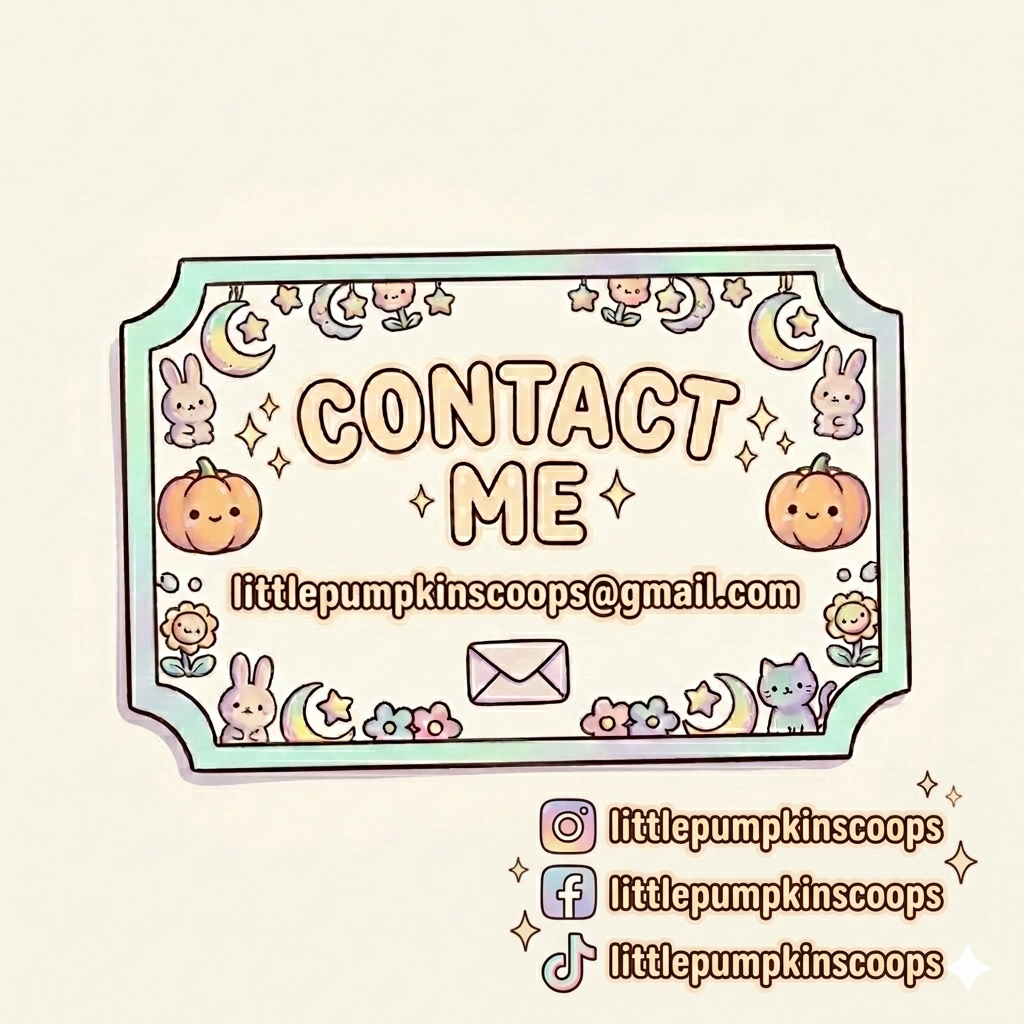 Cute contact information card with pastel-colored pumpkins, bunnies, cats, moons, stars, and flowers. Includes email and social media handles for Little Pumpkin Scoops.