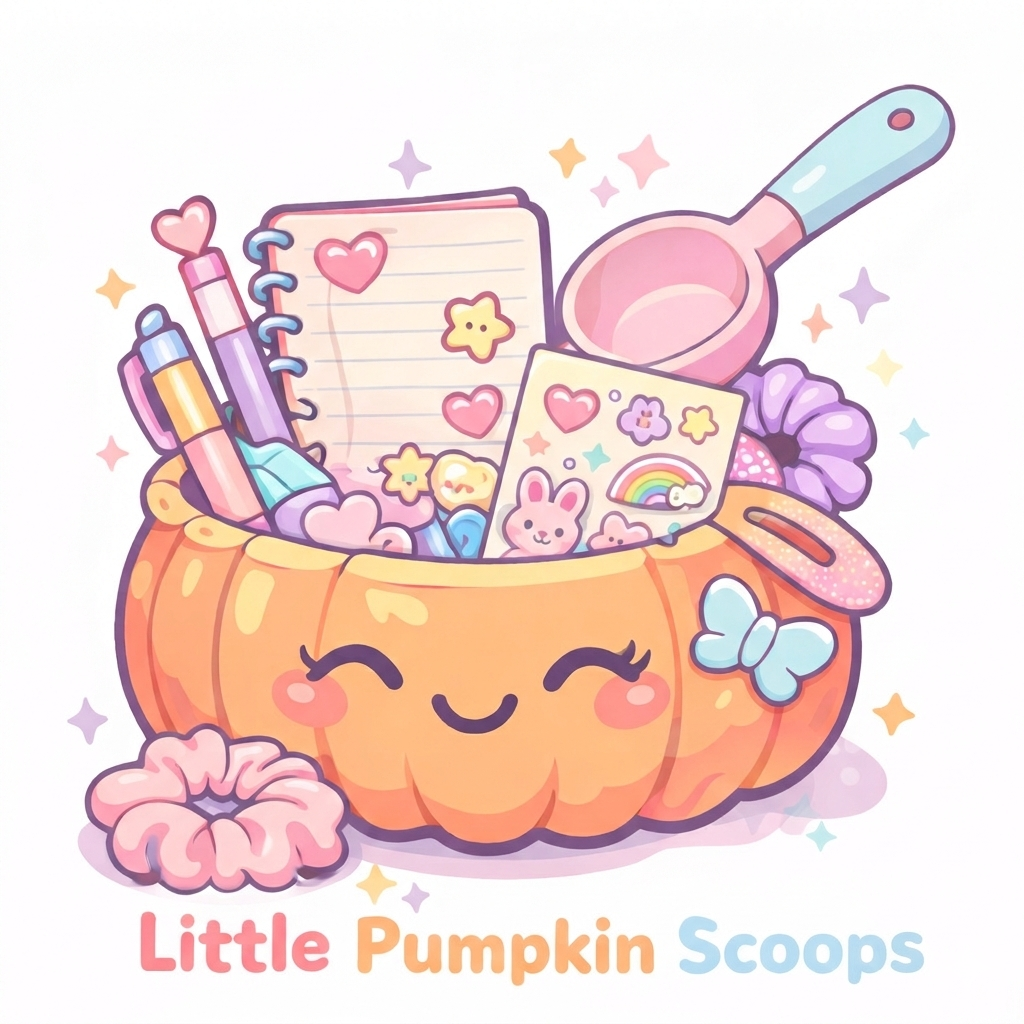 A cute cartoon illustration of a pumpkin-shaped container with a smiling face, filled with school supplies like notebooks, pens, stickers, and a scoop, with the words "Little Pumpkin Scoops" underneath.