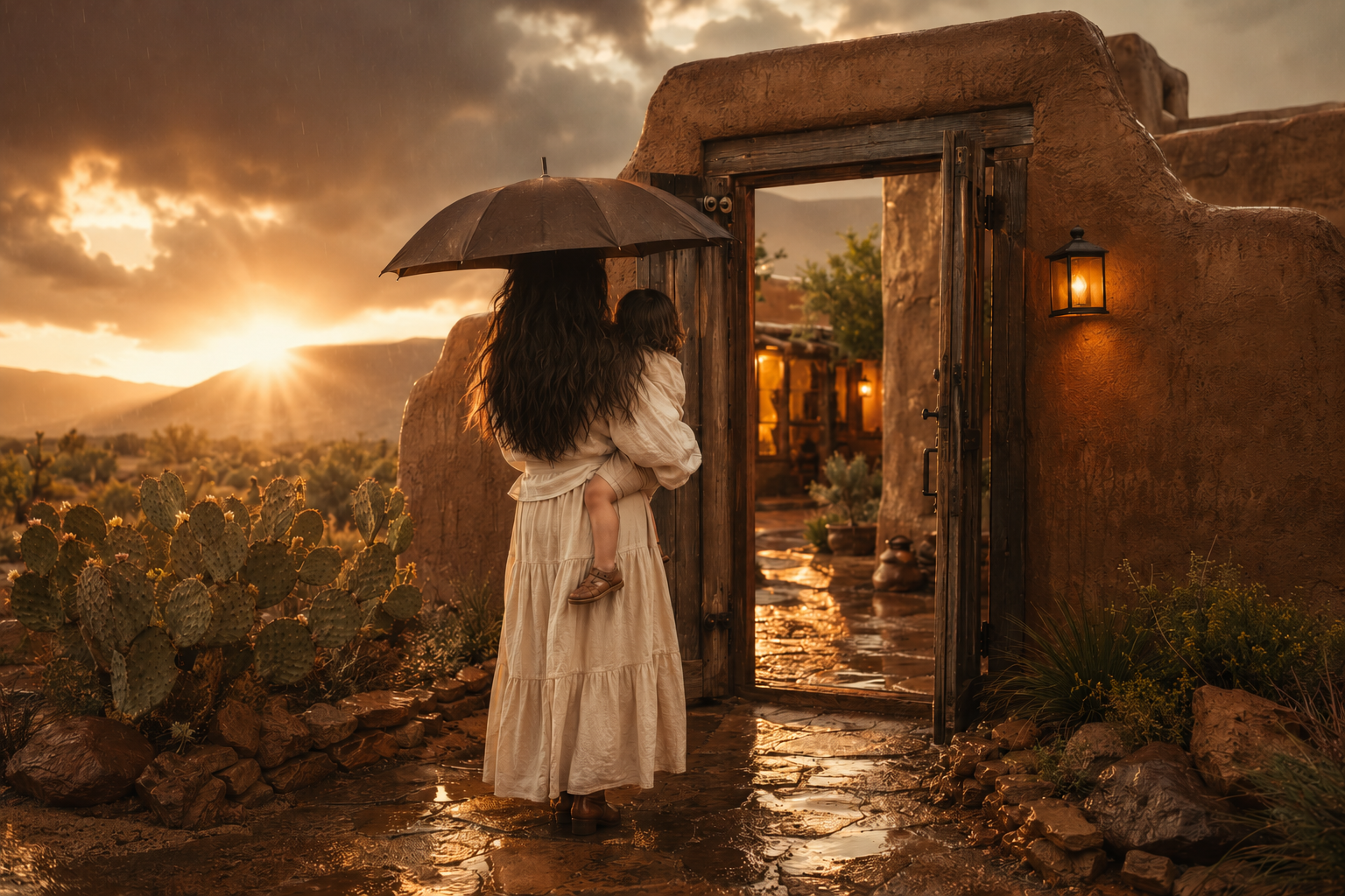 Mother holding child in warm desert light