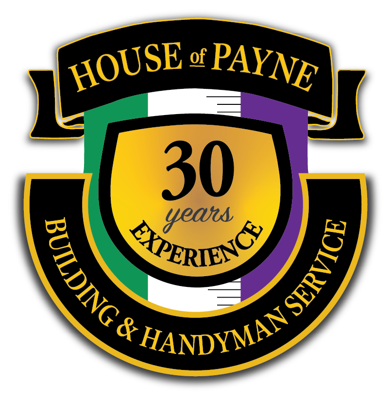 A logo celebrating 30 years of experience in building and handyman services by House of Payne, featuring a shield design with black, gold, green, white, and purple colors.