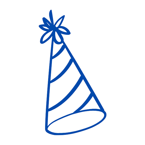 Blue party hat with a star-shaped decoration at the top, against a black background.