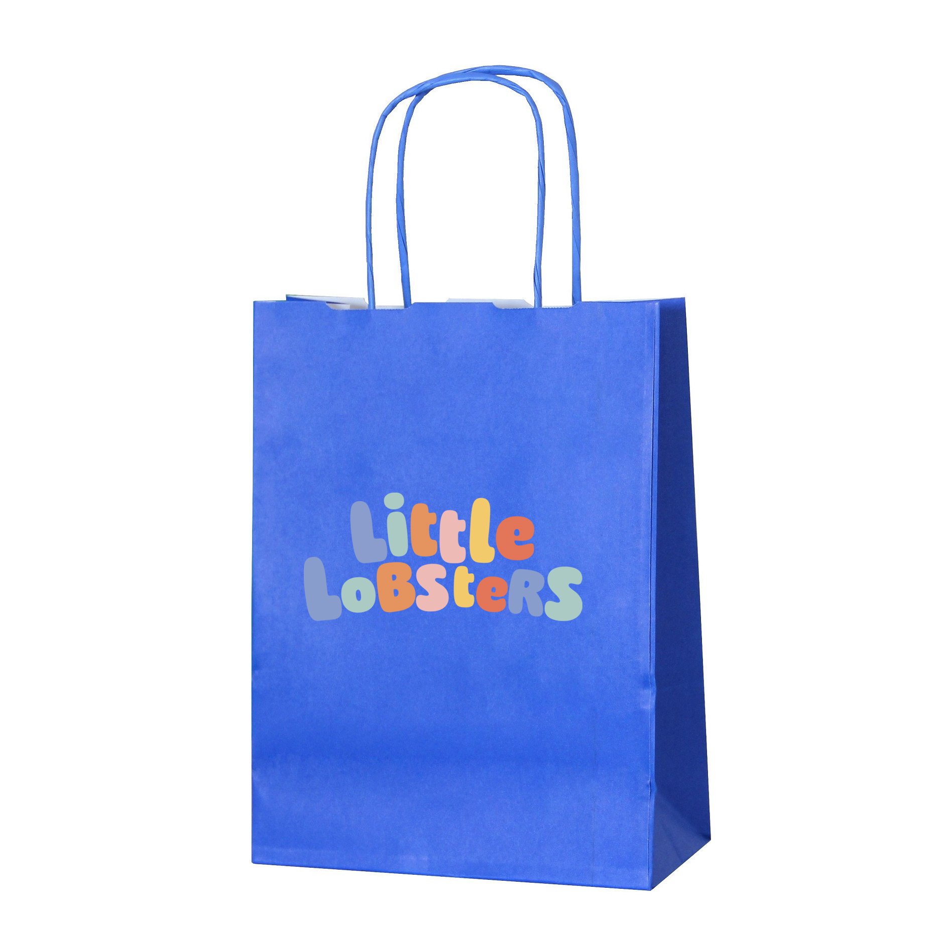 A blue shopping bag with handles and colorful text that reads "Little Lobsters" on the front.