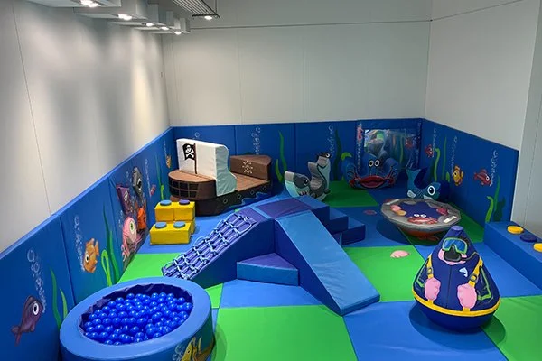 Indoor children's play area with blue padded walls decorated with ocean animals, slide, ball pit, and amusement rides