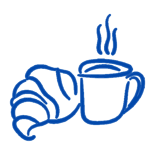 Neon-style drawing of a croissant and a steaming coffee mug.