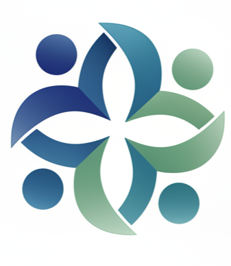 Abstract logo with circular shapes and petal-like elements in blue and green shades.