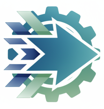 A logo featuring a gear with a stylized arrow and geometric shapes.