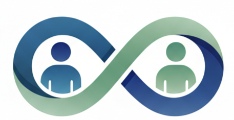 An infinity symbol in shades of blue and green with two human icons inside, representing continuous connection or infinite possibilities.
