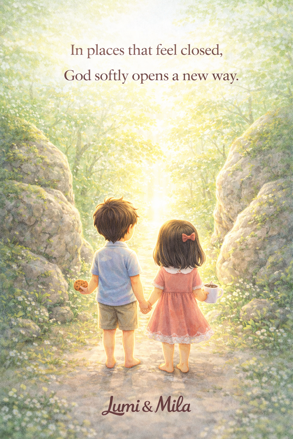 Illustration of two children, a boy and a girl, holding hands and walking down a forest path with sunlight streaming through trees, the boy holding a cookie and the girl holding a cup. Inspirational quote above them reads, 'In places that feel closed, God softly opens a new way.' The bottom has the signature 'Lumi & Mila'.