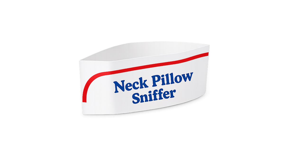 A white pillow with red and blue text that reads "Neck Pillow Sniffer".