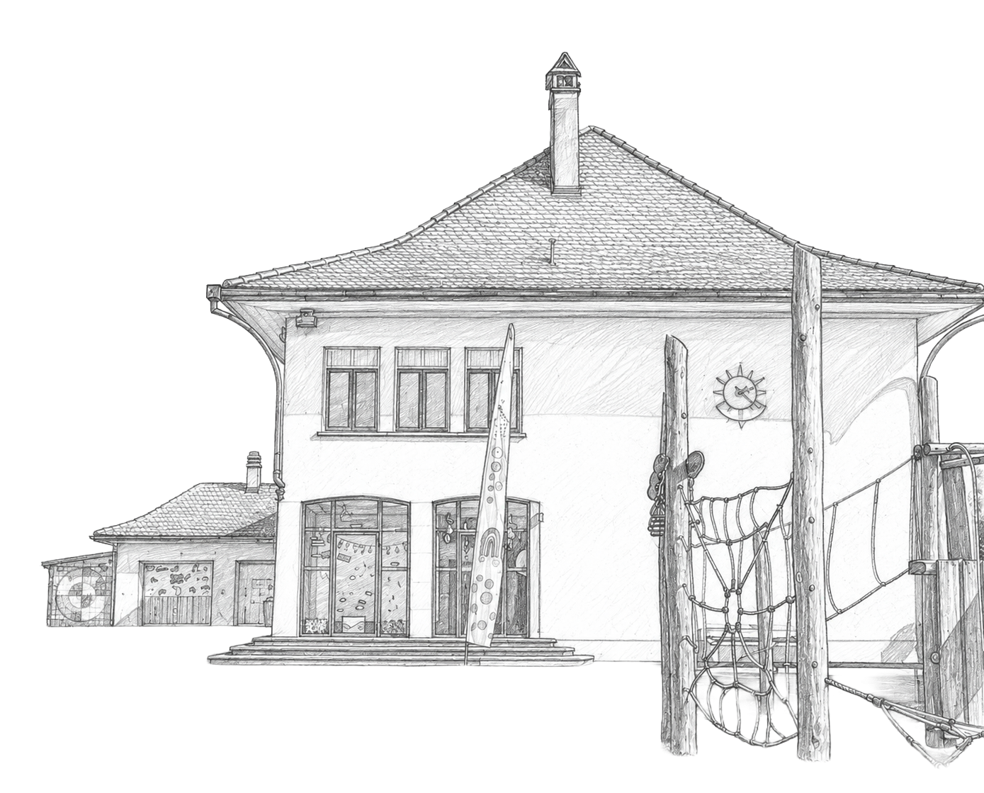 Zeichnung eines Hauses mit einem Spielplatz im Vordergrund, inklusive Kletterseile und Holzpfosten