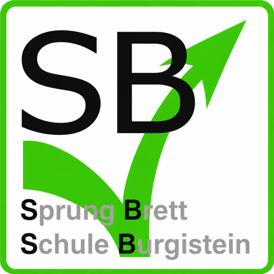 Logo mit den Buchstaben 'SB' und einem grünen Pfeil, darunter die Wörter 'Sprungbrett' und 'Schule Burgstein', wobei die Buchstaben 'B' hervorgehoben sind.