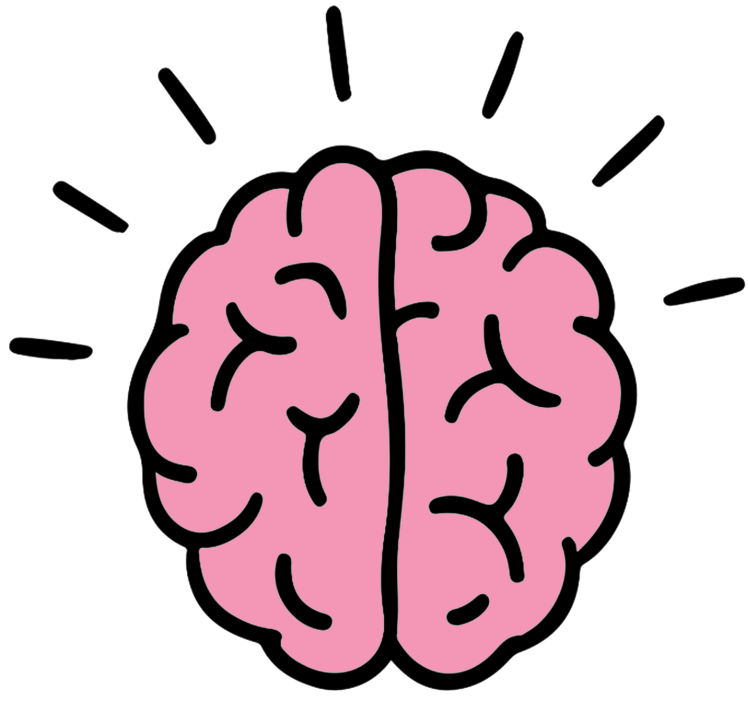 A cartoon illustration of a pink human brain with black outlines and lines radiating from it, symbolizing ideas or thinking.
