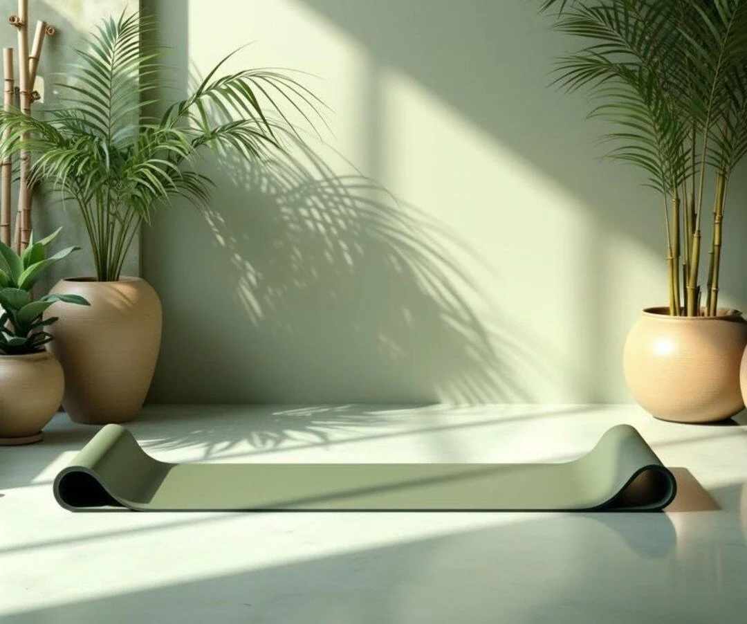 A yoga mat on a light-colored floor with green plants in beige pots and sunlight casting shadows on a mint green wall.