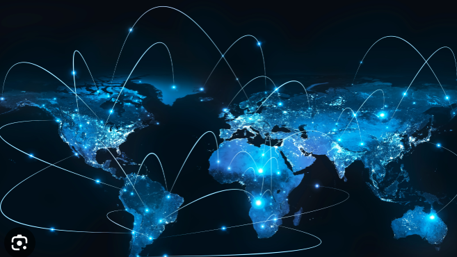 Digital world map showing global connectivity with interconnected glowing points and lines.