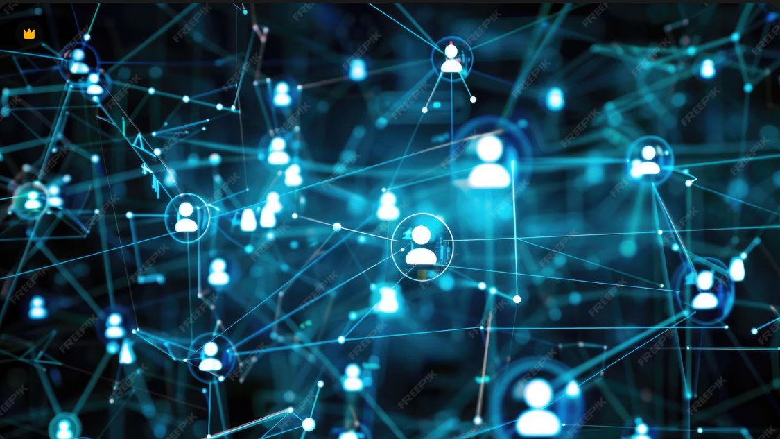 Digital network of interconnected glowing user icons, representing a social or data network.