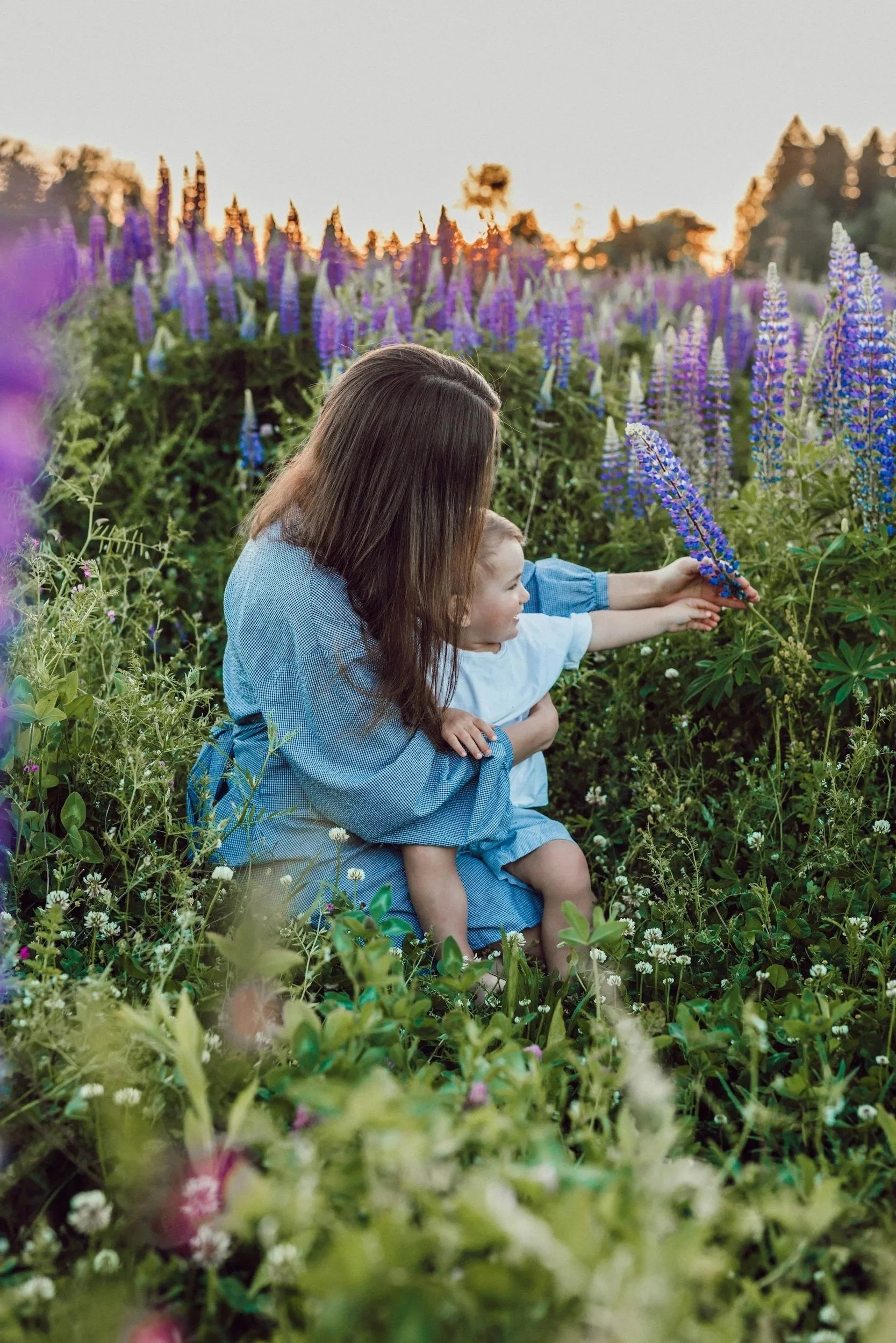 A woman and a young child sitting in a field of purple and white wildflowers at sunset. The woman holds a flower, and both are smiling and looking at it.