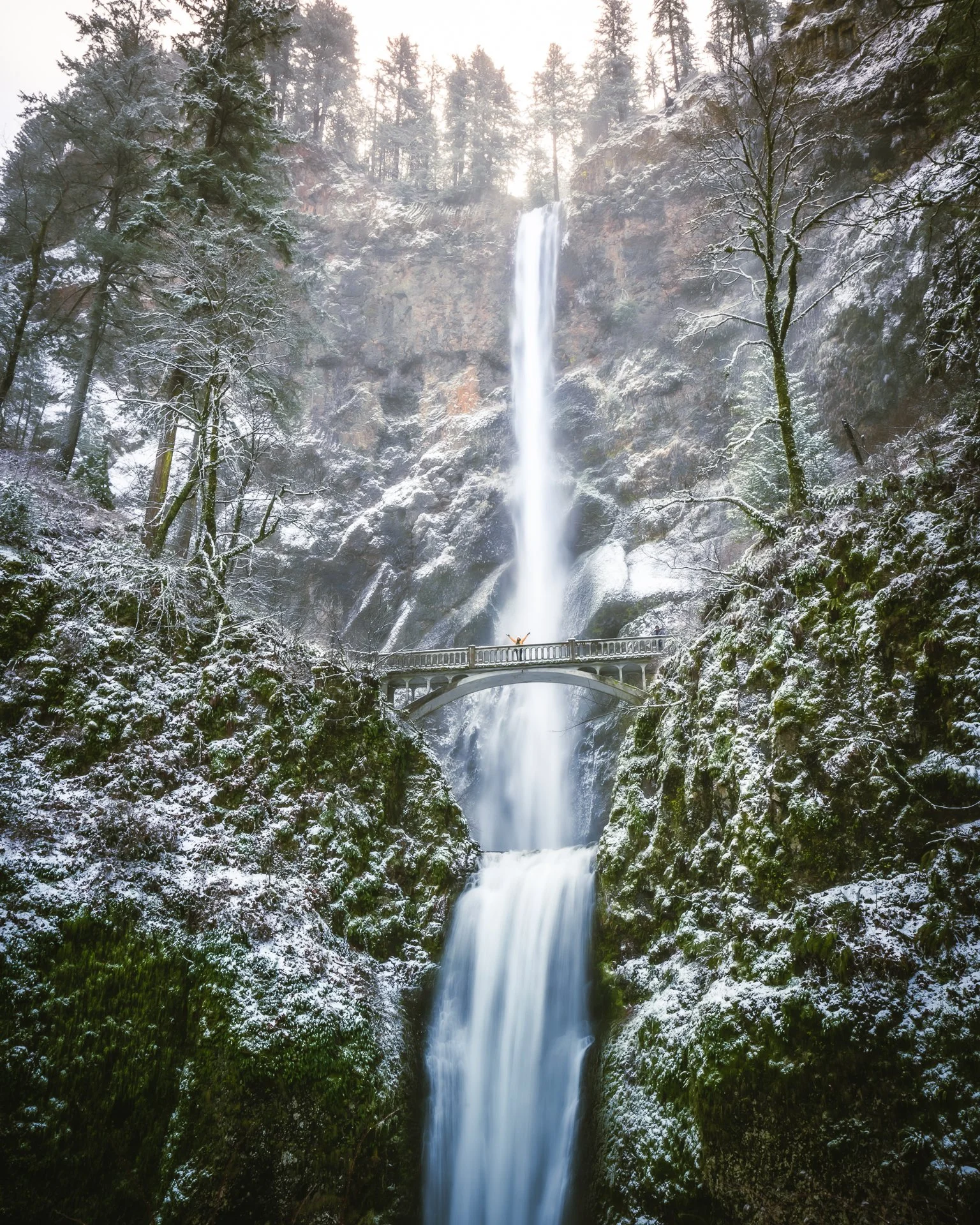 Tall waterfall flowing down a rocky cliff with a cloudy sky, surrounded by snow-covered trees and mossy rocks, with a small bridge in front of the waterfall.
