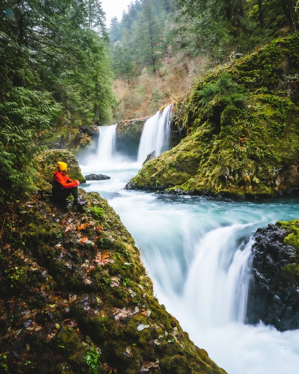 A person sitting on mossy rocks near a waterfall in a lush, green forest, with trees surrounding the water.