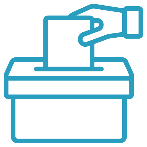 Clipart of a hand casting a paper ballot into a ballot box.