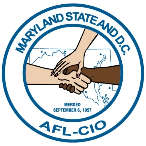 Seal of Maryland State and District of Columbia AFL-CIO, featuring a handshake over a map of Maryland and D.C., with the text "MERGED SEPTEMBER 6, 1957."