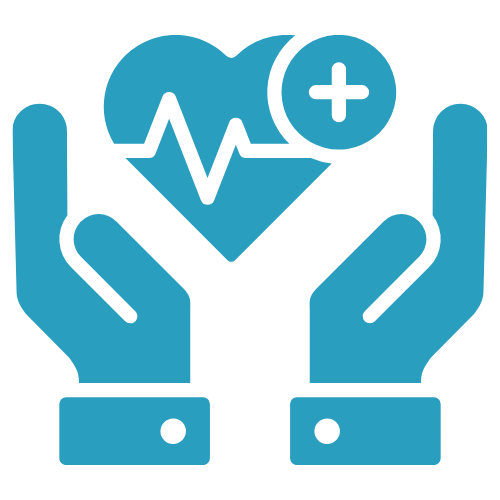 Clipart of a healthcare providers hands holding up a image of a heart with a hearbeat signal and a plus symbol alluding to hospital care.