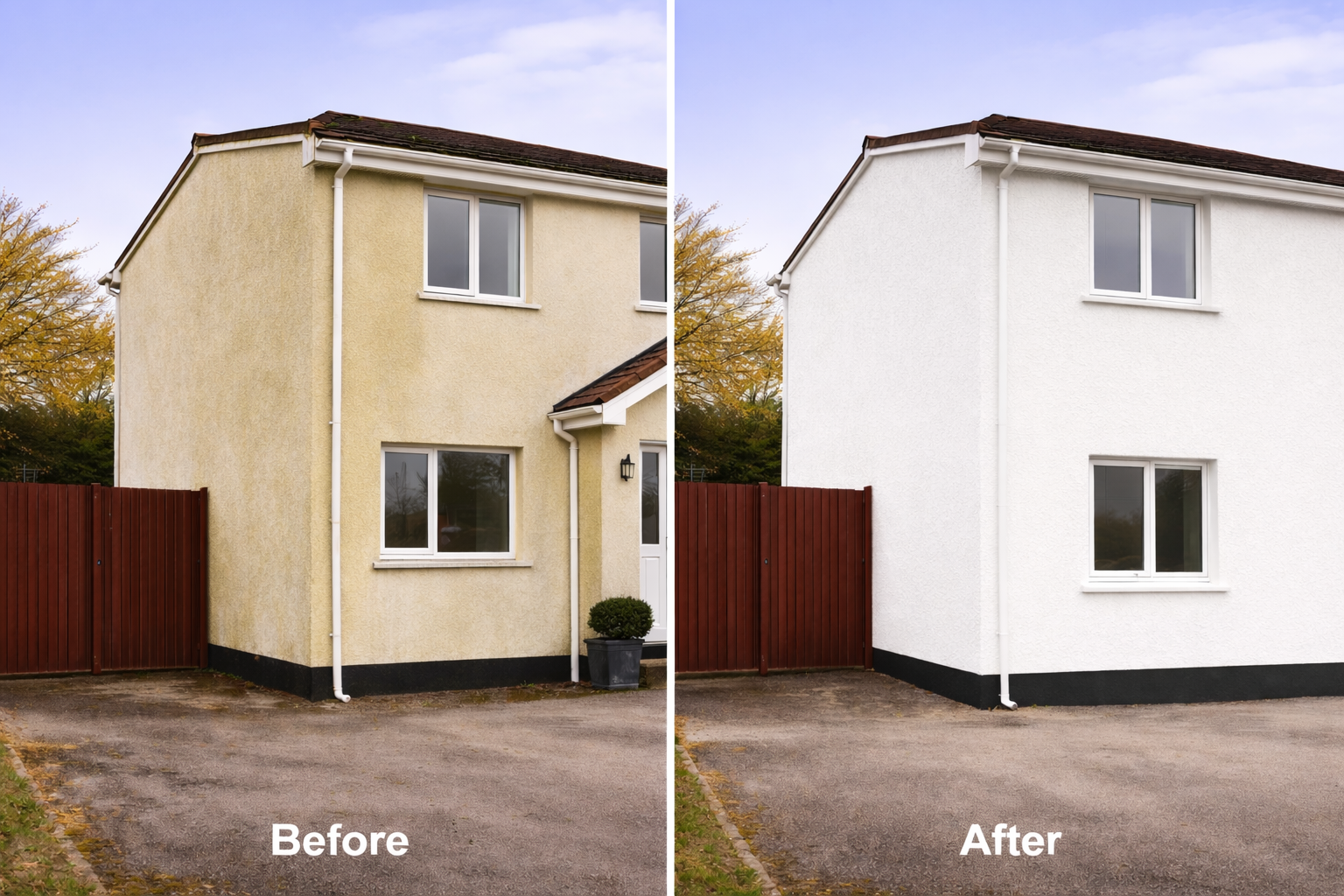 Side-by-side comparison of a house's exterior before and after remodeling. The house is two stories tall with a beige textured wall on the left and a white textured wall on the right. Both images show the same two windows on the first and second floors, a white gutter running along the roofline, and a small porch with a door and a potted plant. The sky is partly cloudy in both images, and the driveway in front of the house is visible.
