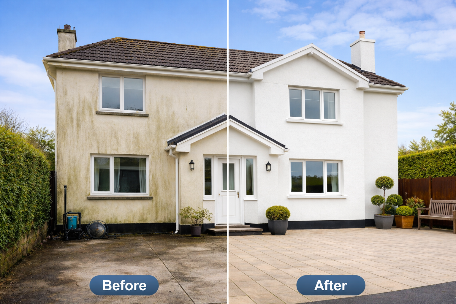 Comparison of house exterior before and after renovation. The left side shows a worn, dirty wall with moss and algae, a gray concrete driveway, and some gardening tools near the hedge. The right side shows a clean, freshly painted white wall, a tidy paved yard with potted plants, a bench, and a bright, clear sky.