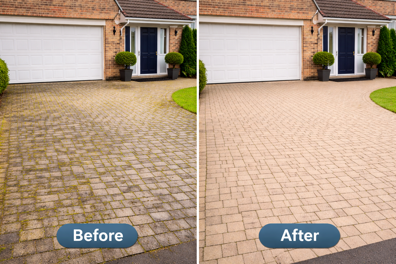 Side-by-side comparison of a driveway before and after cleaning. The left shows a dirty, moss-covered brick driveway, while the right displays a clean, moss-free brick driveway in front of a house with a dark blue front door, two potted plants, and a small lawn.