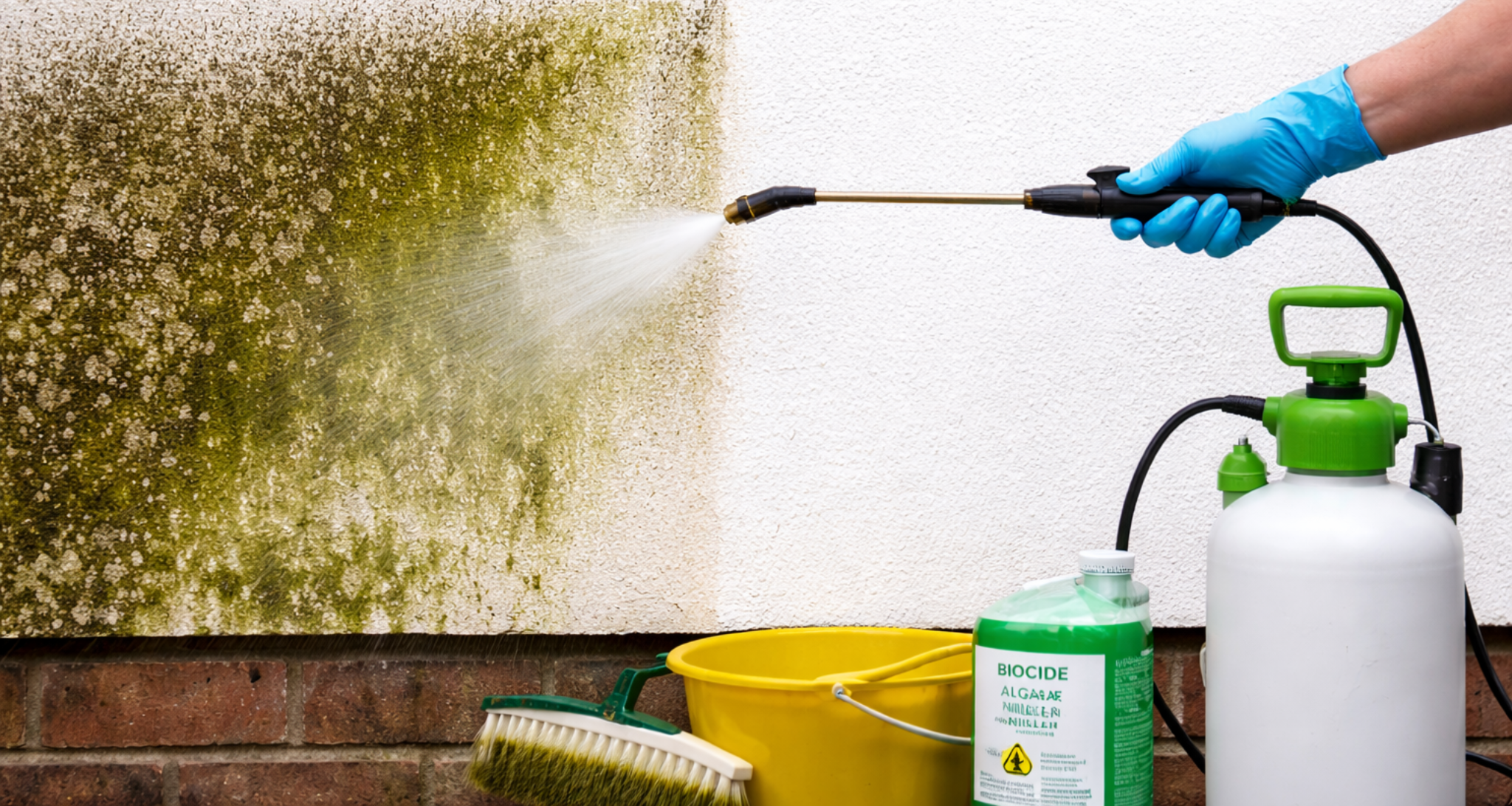 A person wearing a blue glove sprays cleaning solution on a wall with mold using a handheld device connected to a green and white pressure sprayer, with cleaning supplies like a yellow bucket, a biocide container, and a brush nearby.