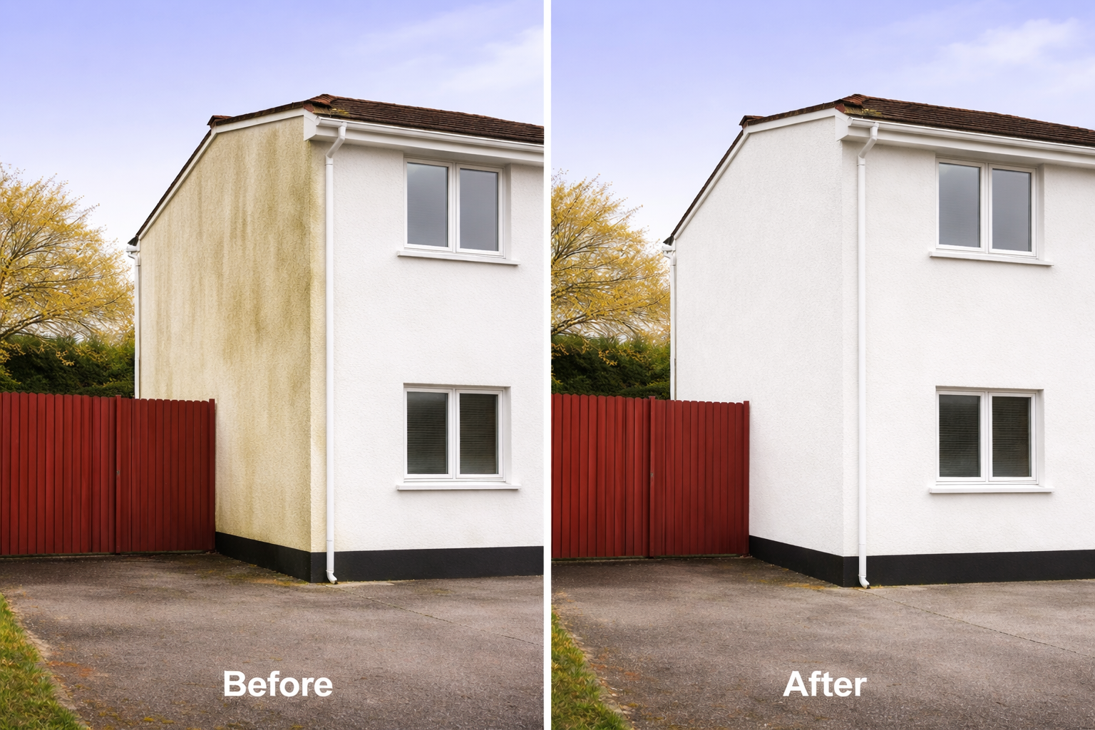 Side view of a white two-story house with a red fence, before and after cleaning. In the before image, the wall on the left side of the house is stained yellow, and in the after image, the wall is clean and white.