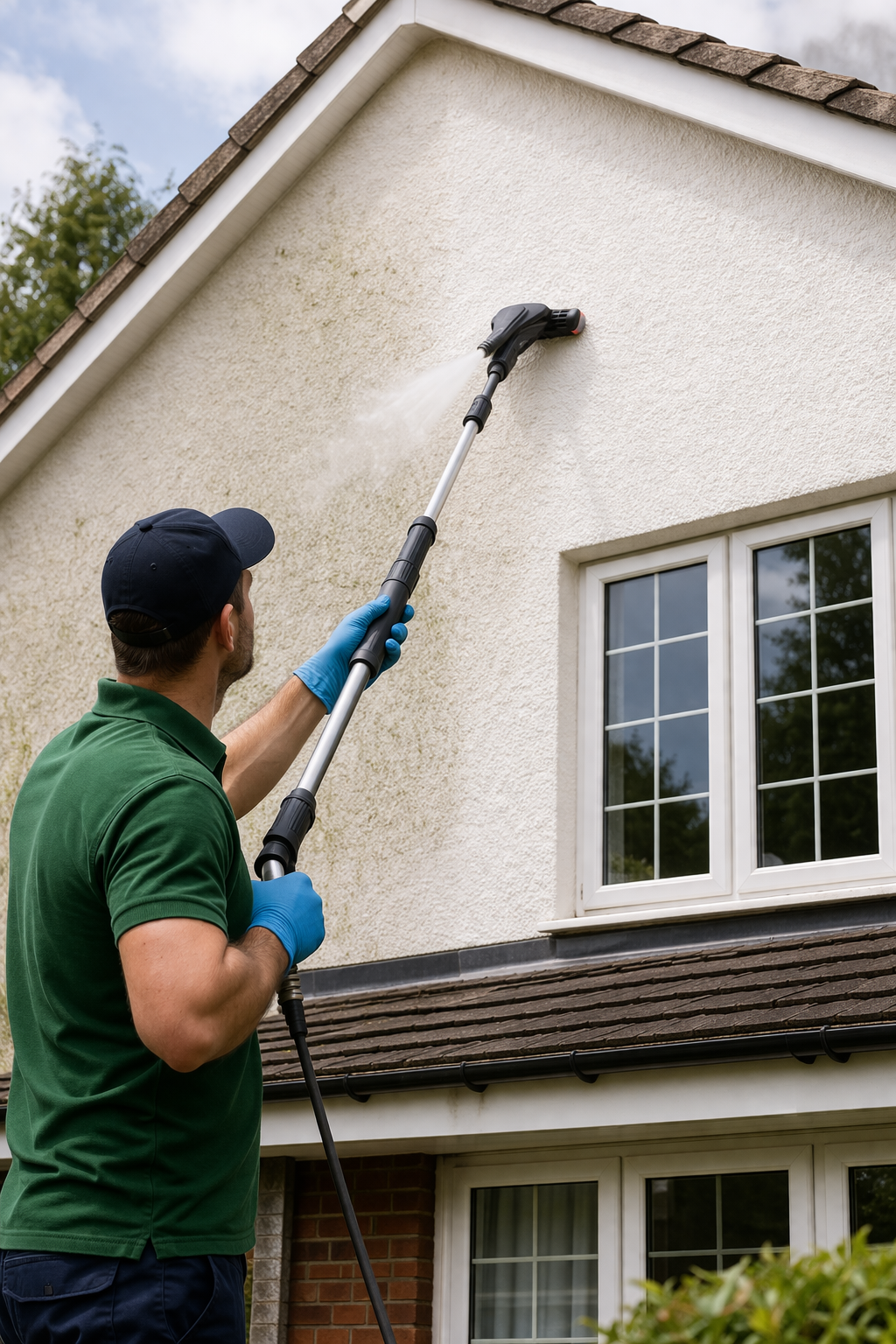 A man cleaning the exterior of a house with a power washer, wearing a green shirt, blue gloves, and a black cap.